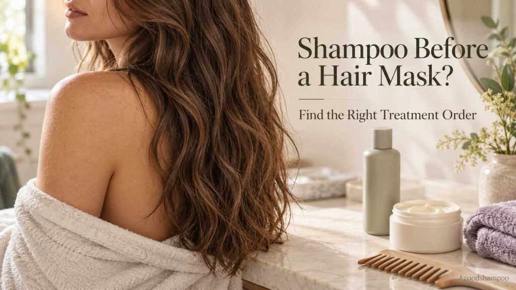 Shampoo bottle and creamy hair mask beside naturally wavy brown hair