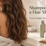 Shampoo bottle and creamy hair mask beside naturally wavy brown hair