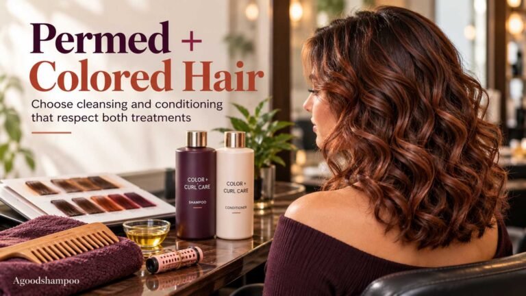 Woman with colored permed curls beside shampoo and conditioner