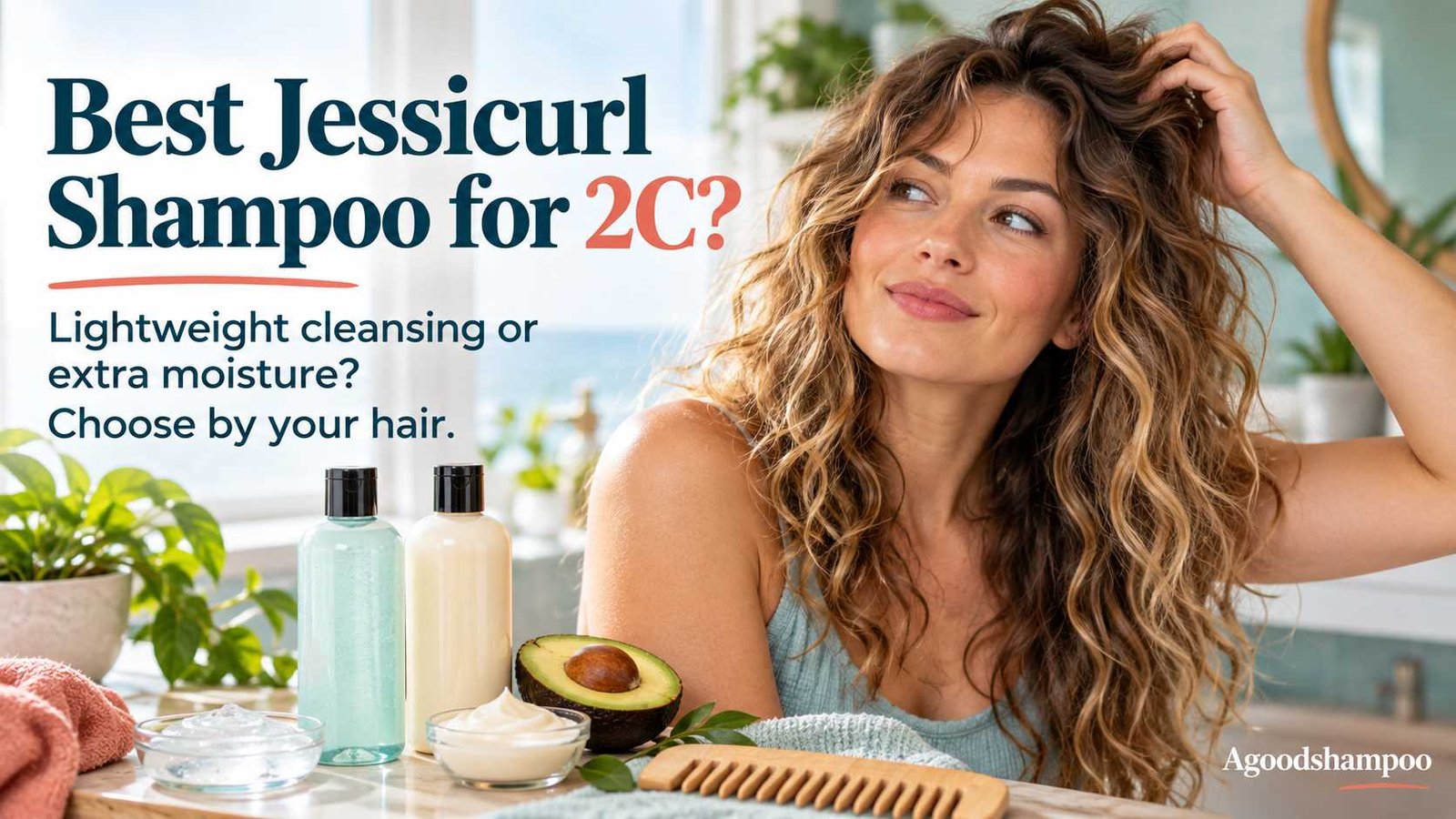 Woman with Type 2C waves comparing lightweight curl shampoos