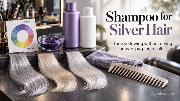 Silver hair swatches beside purple and regular shampoos
