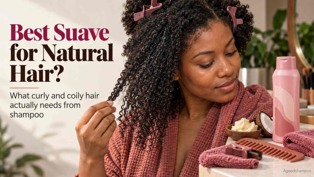 Woman with natural coils choosing shampoo for textured hair