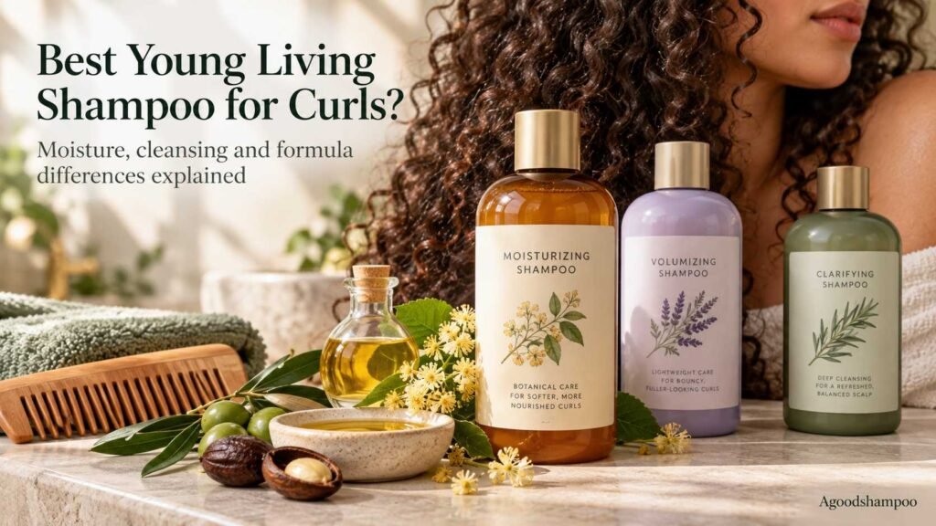Curly hair beside moisturizing, volumizing and clarifying shampoo bottles
