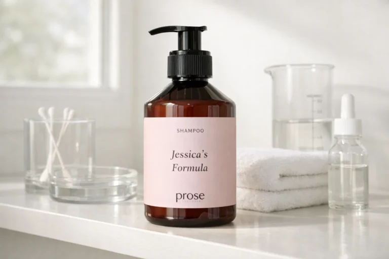 Prose custom shampoo bottle showing personalized hair care formula in a modern bathroom setting