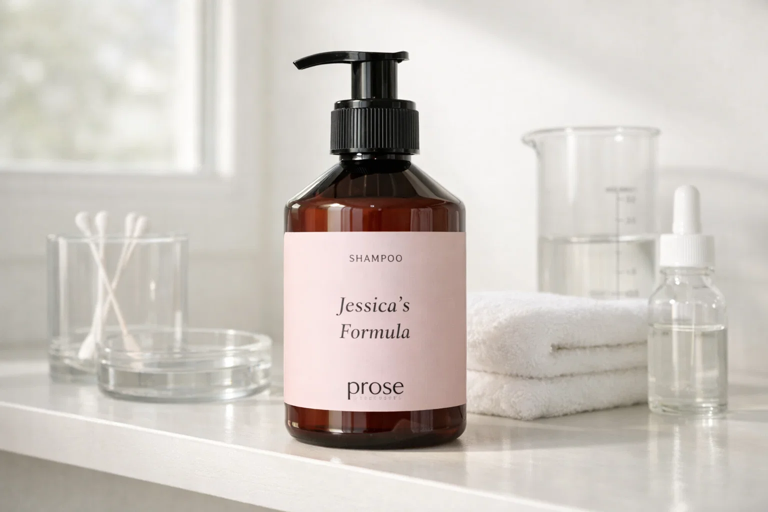 Prose custom shampoo bottle showing personalized hair care formula in a modern bathroom setting