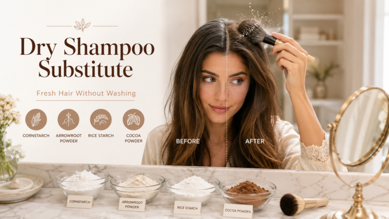 Woman using natural dry shampoo substitute powders to refresh greasy hair at home