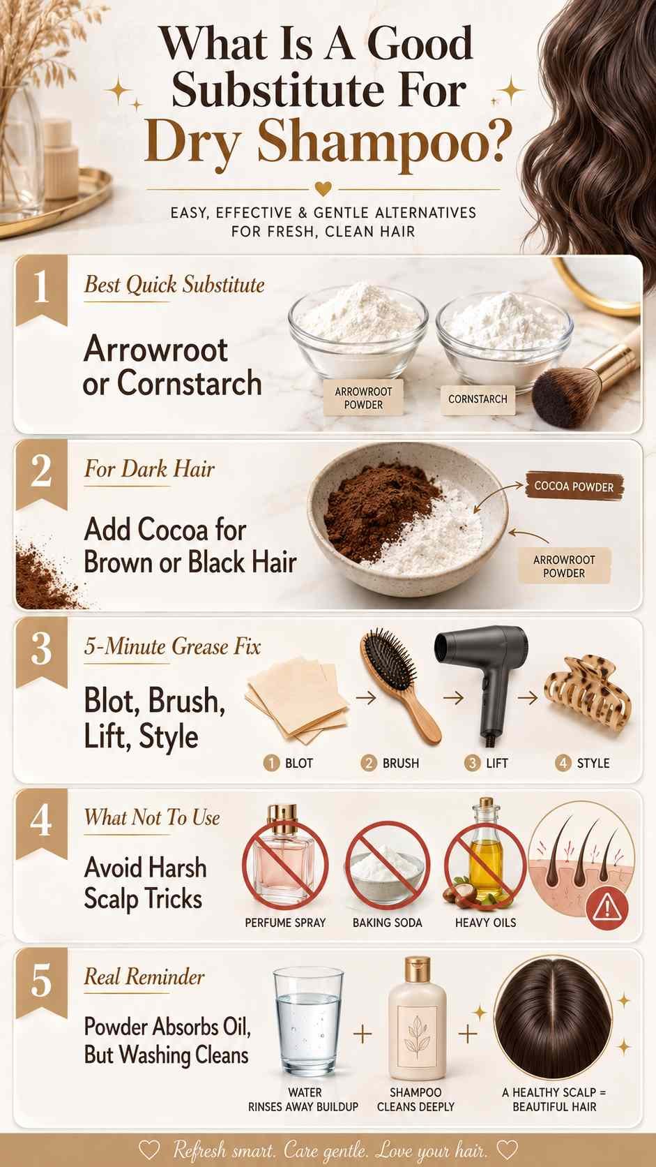 Image natural substitutes for dry shampoo including cornstarch arrowroot rice starch and cocoa powder