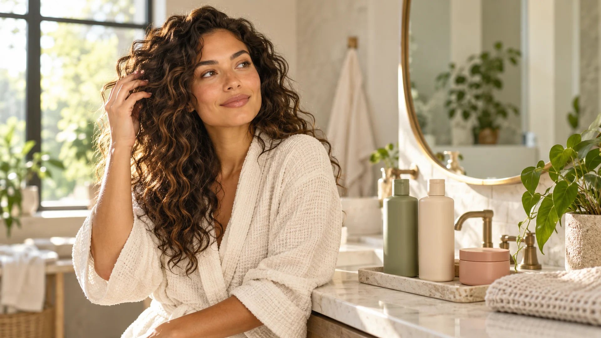 Woman with curly hair beside shampoo and conditioner bottles