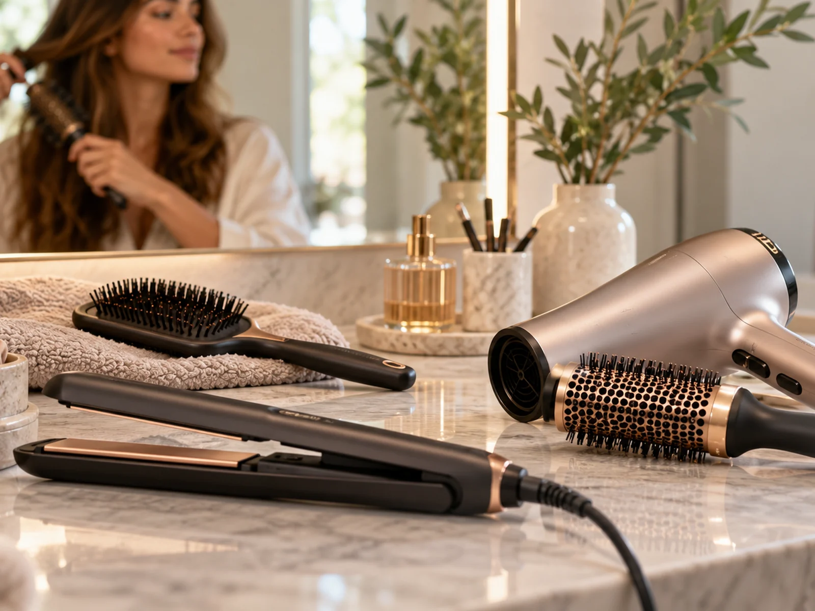 Hair dryer, straightener and brushes on bathroom counter