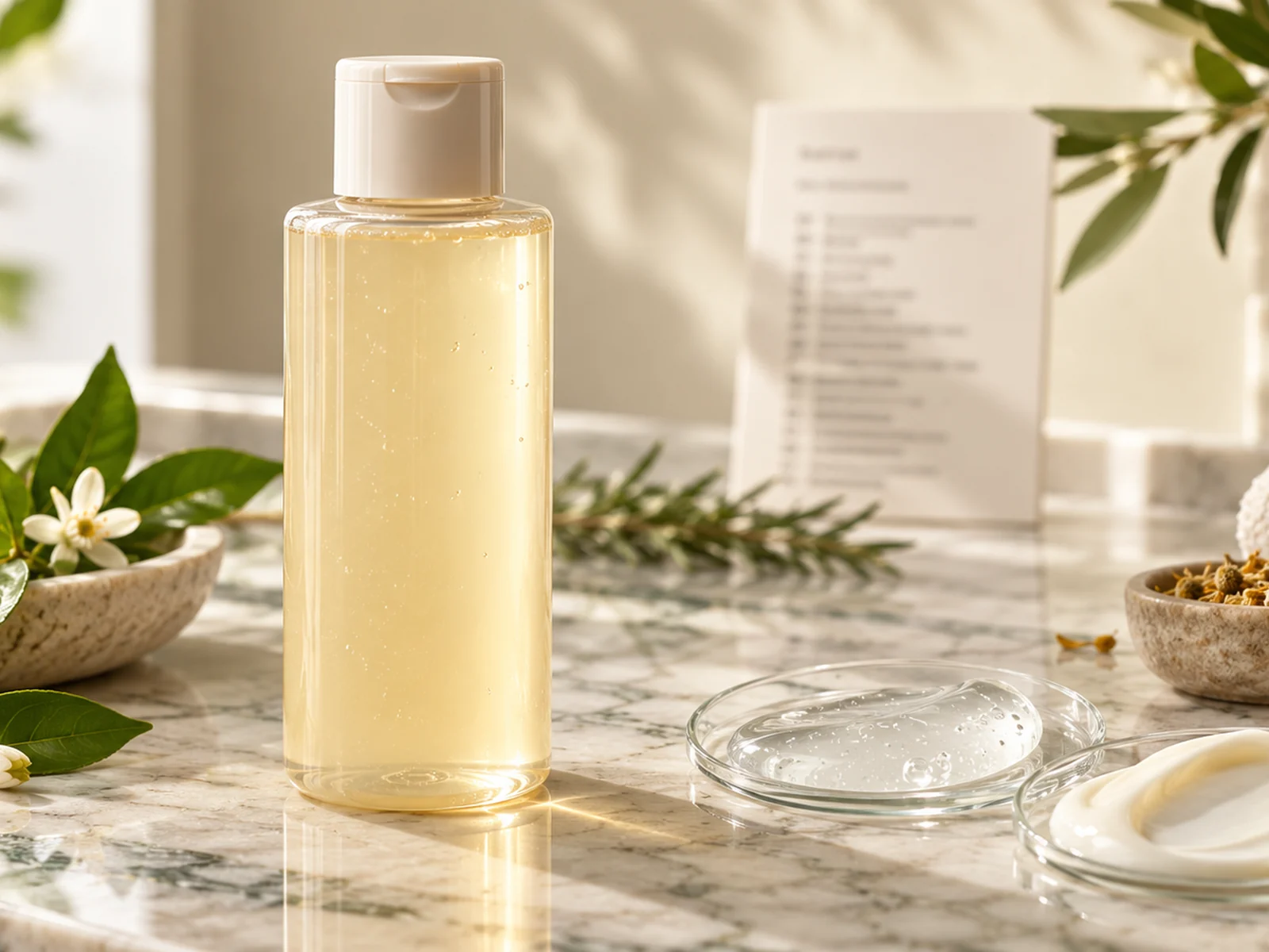 Clear shampoo bottle beside gel and cream samples