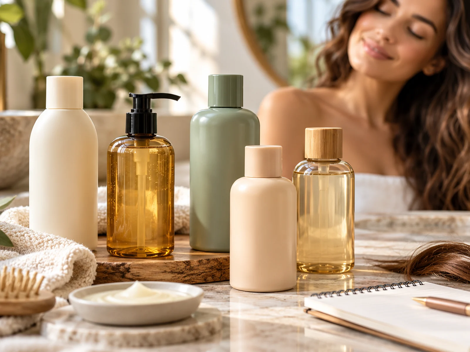 Unbranded shampoo bottles beside woman with wavy hair