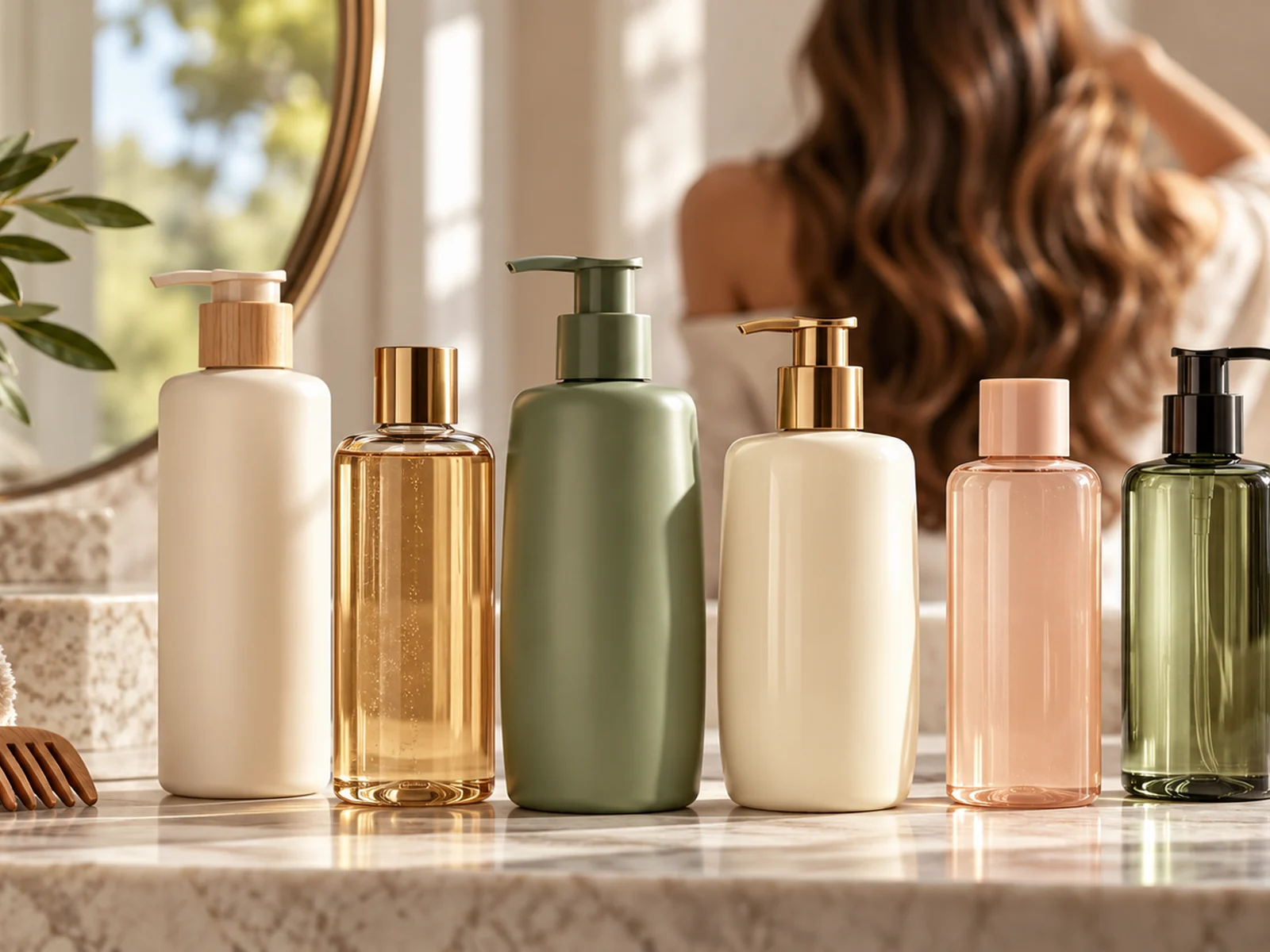Six unbranded shampoo bottles on marble bathroom counter