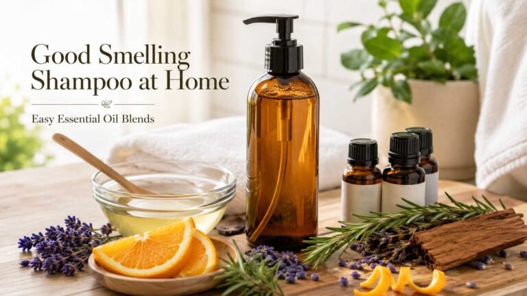 Homemade good smelling shampoo with lavender, rosemary, orange, and essential oils