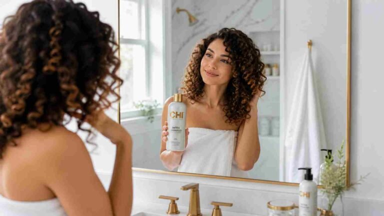 Curly-haired woman holding CHI shampoo in a bright bathroom