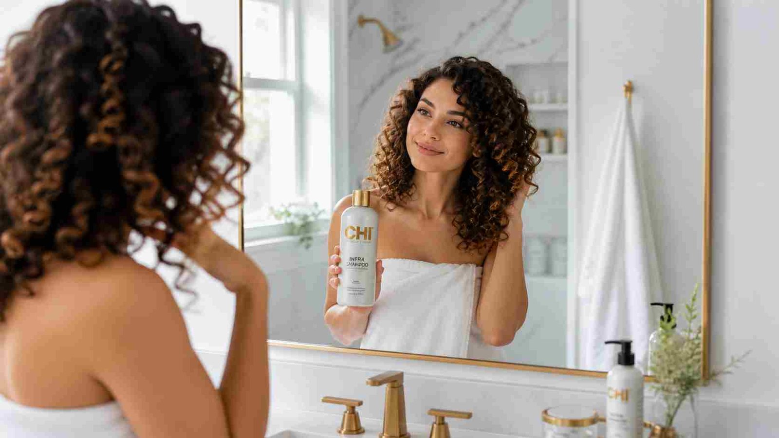 Curly-haired woman holding CHI shampoo in a bright bathroom