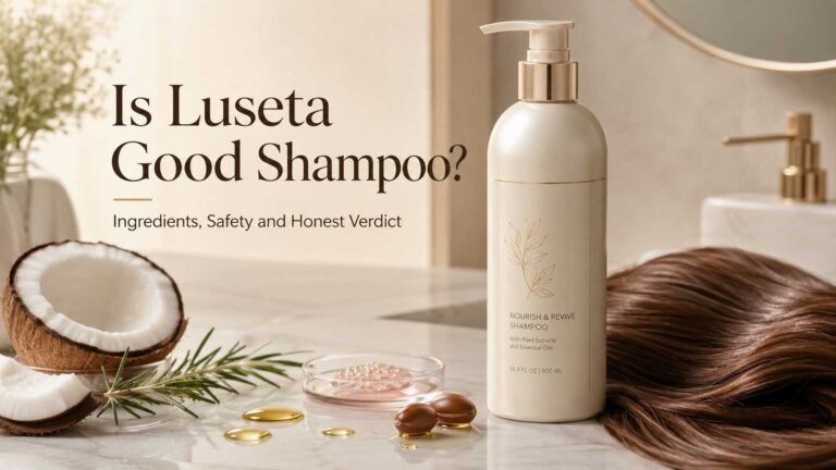 Luseta shampoo review showing hair care ingredients and healthy glossy hair