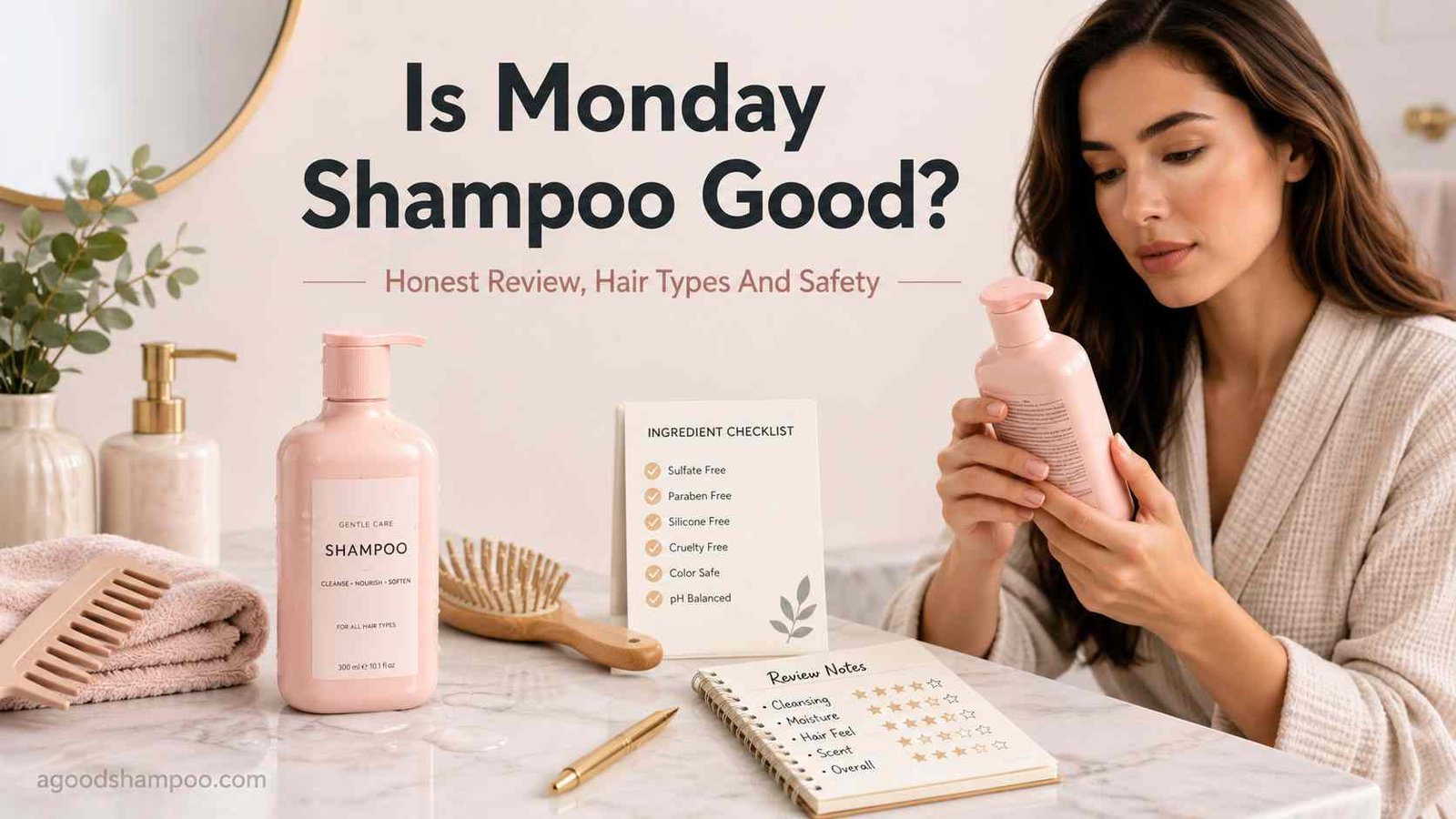 Pastel shampoo bottle on a bathroom vanity for an honest Monday shampoo review