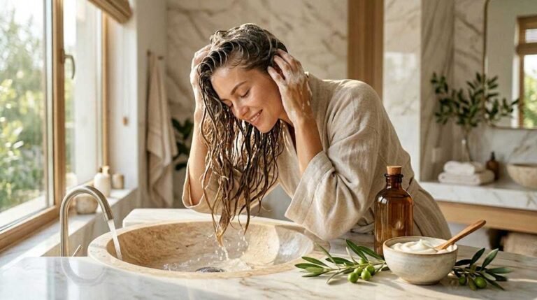 Woman using olive oil shampoo and conditioner for soft healthy hair