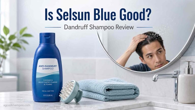 Generic blue dandruff shampoo bottle on a bathroom counter with scalp care items for Selsun Blue dandruff shampoo review.