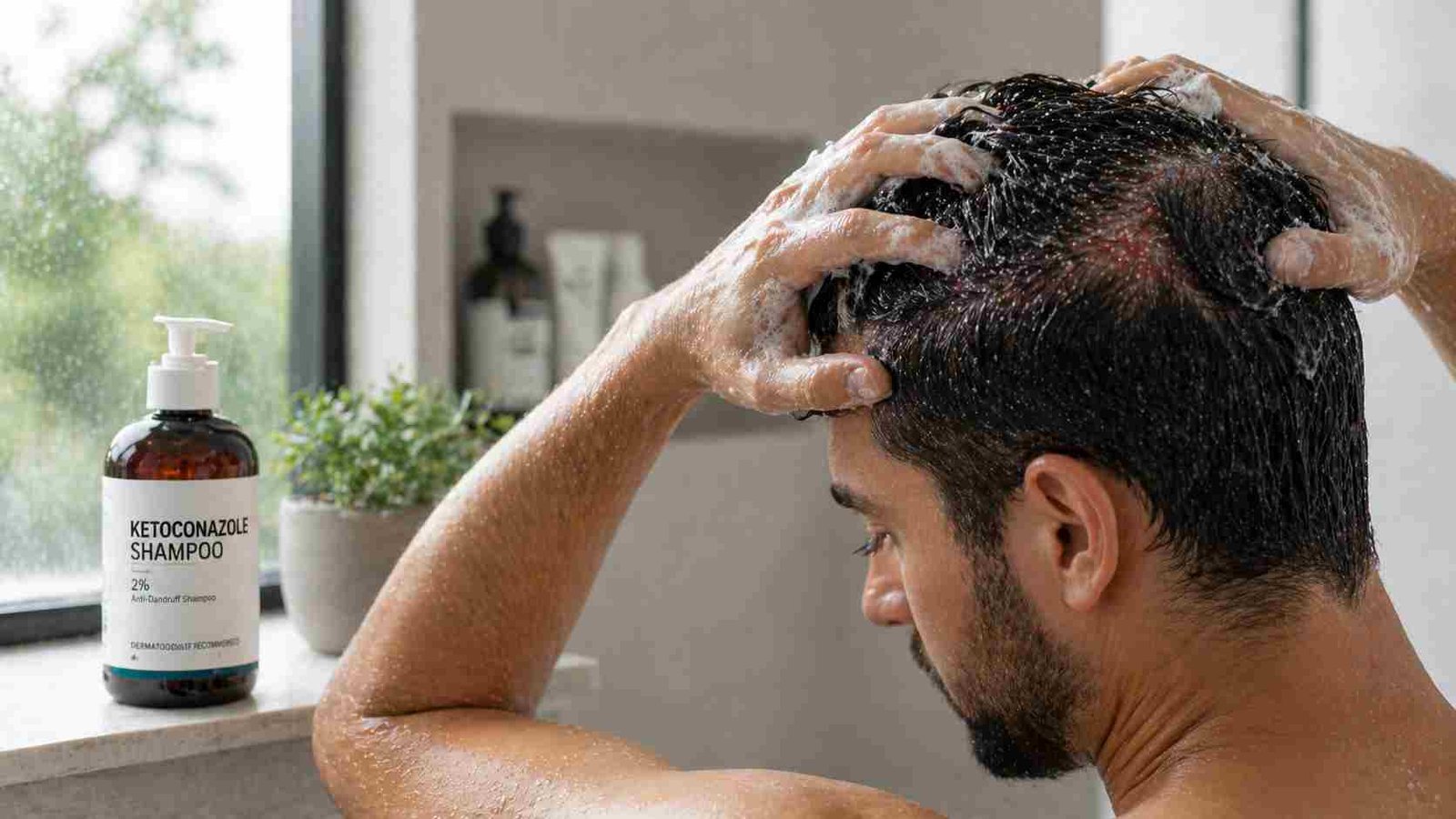 person applying ketoconazole shampoo on itchy flaky scalp