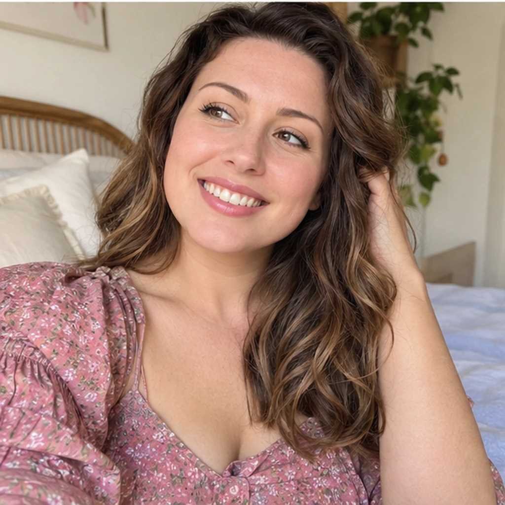A brunette woman in a pink floral top at home