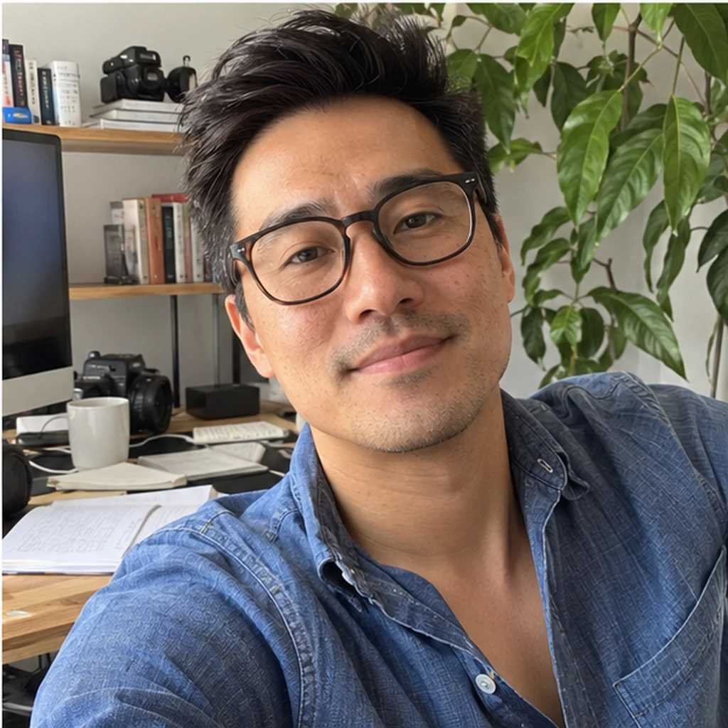 Illustrative man wearing glasses and a blue shirt in his home office