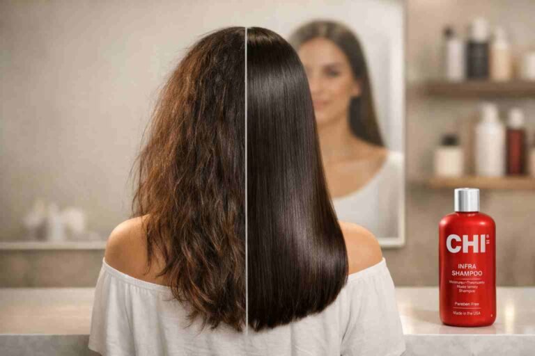 Woman with shiny smooth hair after using CHI shampoo showing before and after hair texture