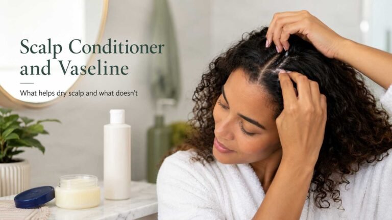 Woman applying scalp conditioner with petroleum jelly nearby for dry scalp care
