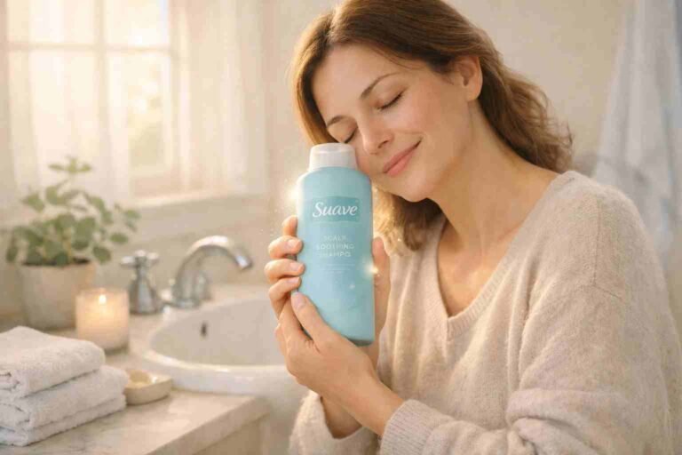 person using suave shampoo for fibromyalgia sensitive scalp relief