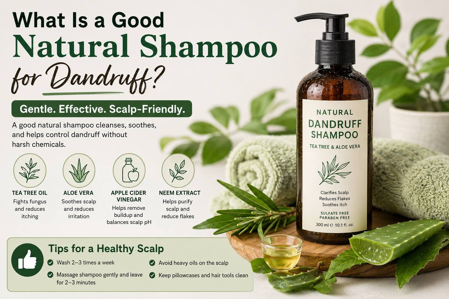 Natural anti-dandruff shampoo with tea tree, aloe vera, neem, and rosemary for gentle scalp care