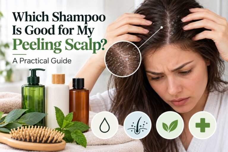 Home 2 Close-up peeling scalp beside different types of scalp shampoos