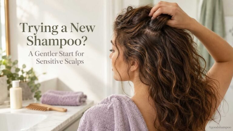 Woman with naturally textured hair beside a shampoo bottle and lavender towel