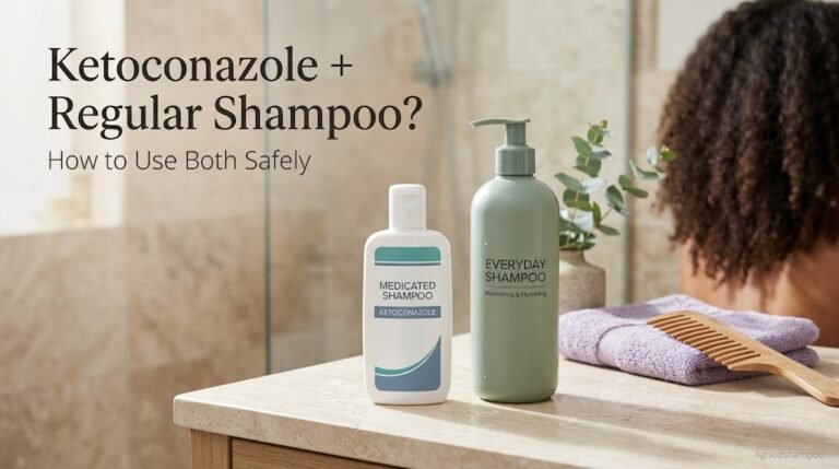 Unbranded medicated shampoo and regular shampoo bottles on a bathroom vanity