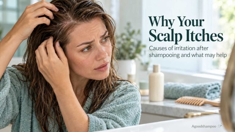 Woman examining her scalp after washing her hair