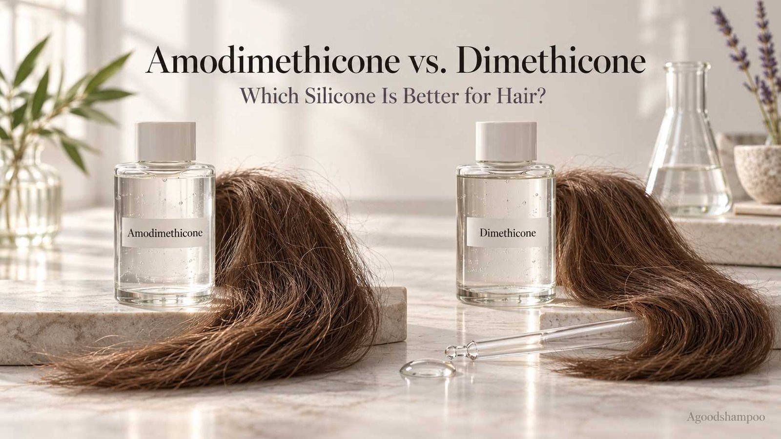 Amodimethicone and dimethicone bottles beside natural brown hair samples