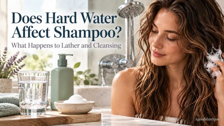 Brown wavy hair beside shampoo, water glass and mineral-marked tap
