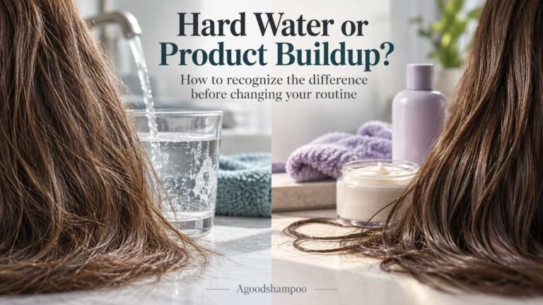Hair sections beside mineral-rich water and styling products