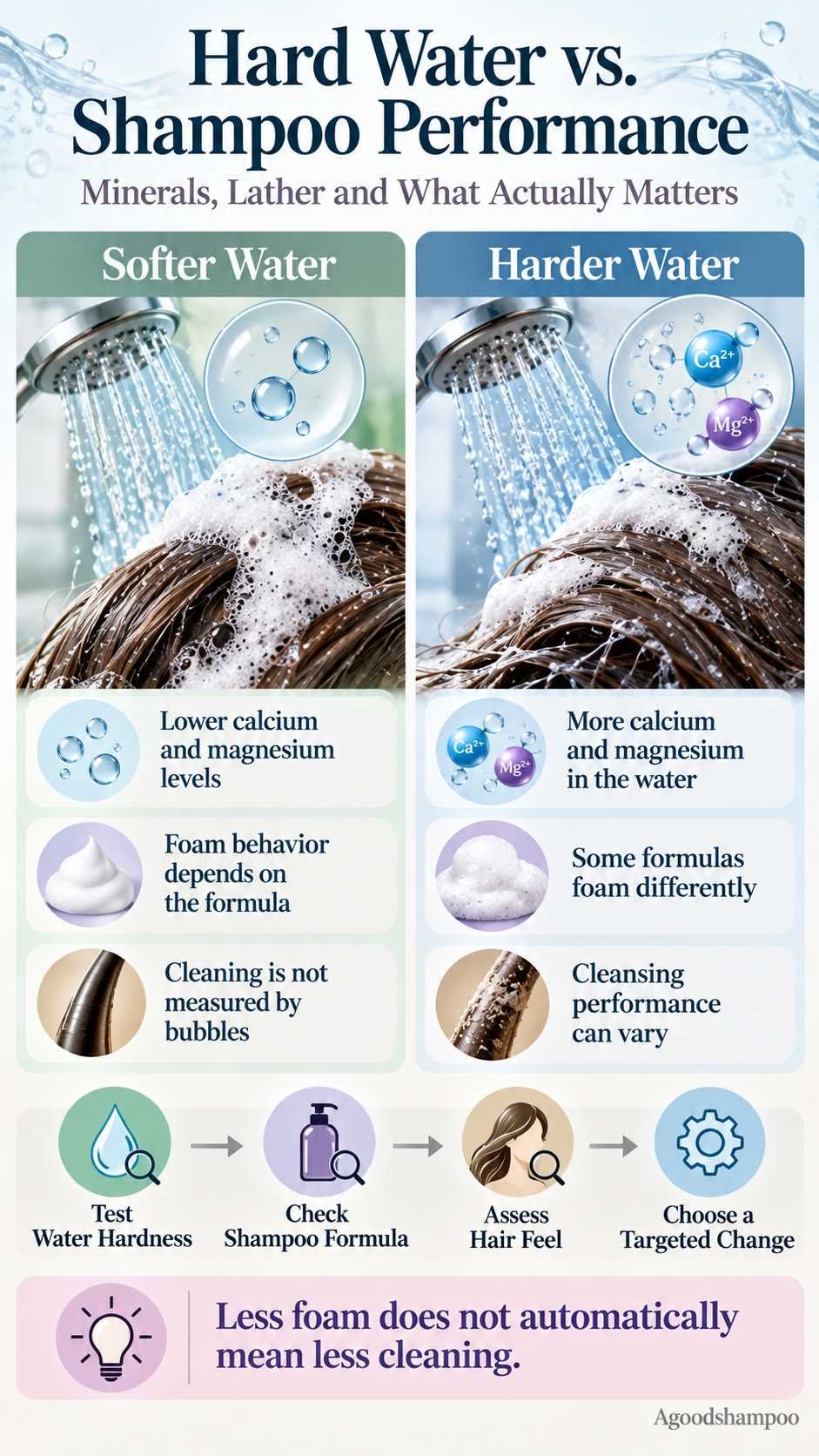 Infographic comparing soft and hard water effects on shampoo lather