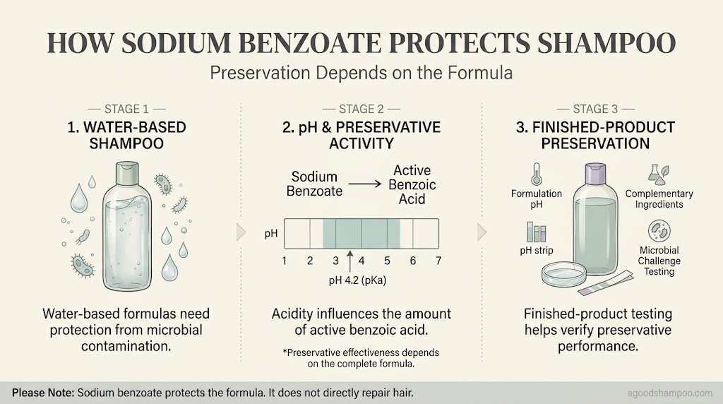Sodium Benzoate in Shampoo: Purpose, Safety and Side Effects 2 Three-stage infographic explaining sodium benzoate, shampoo pH and preservative activity