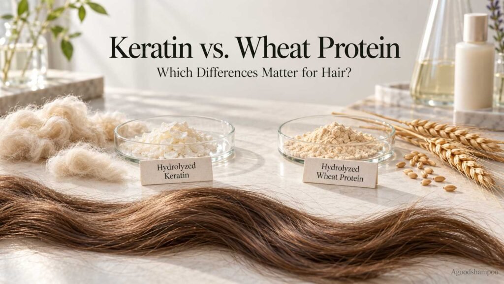 Hydrolyzed keratin and wheat protein samples beside wool, wheat, and natural hair