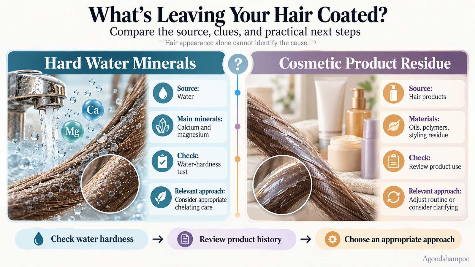 Infographic comparing hard-water minerals and cosmetic hair residue