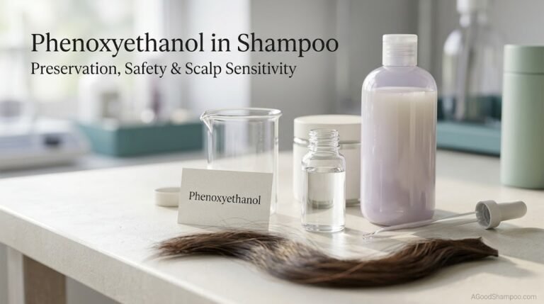 Clear phenoxyethanol ingredient vial beside shampoo and laboratory glassware