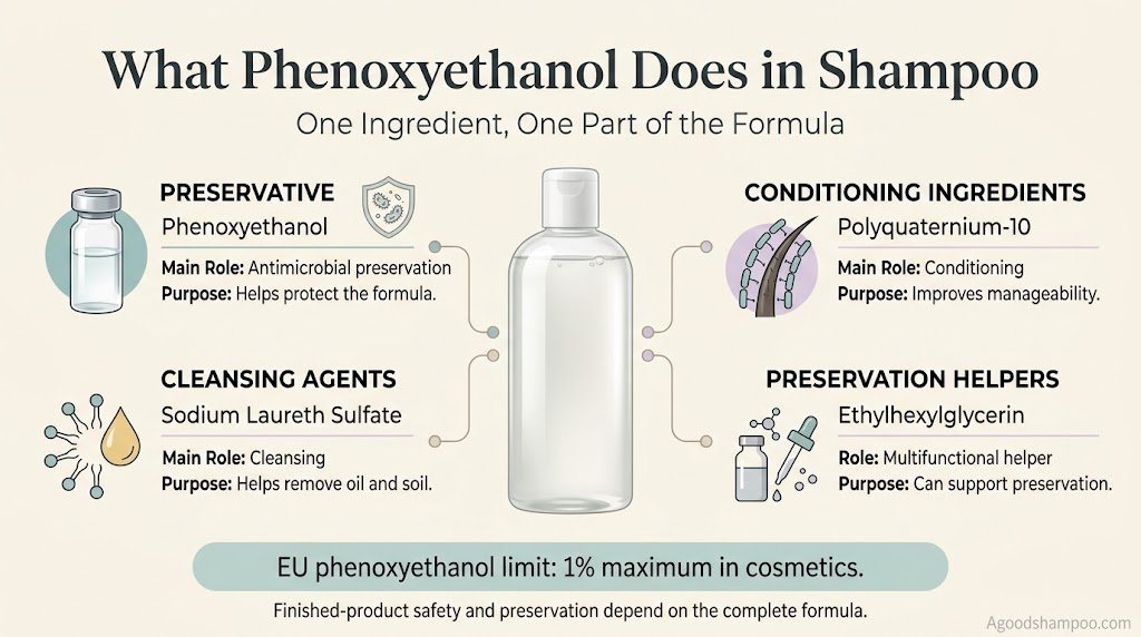Infographic comparing phenoxyethanol with cleansing agents, conditioning polymers and preservative helpers