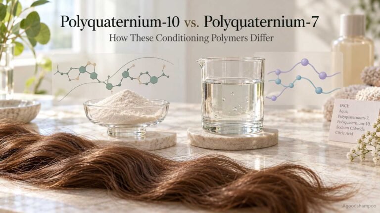 Home 1 Two conditioning polymer preparations beside a natural hair swatch and shampoo bottle
