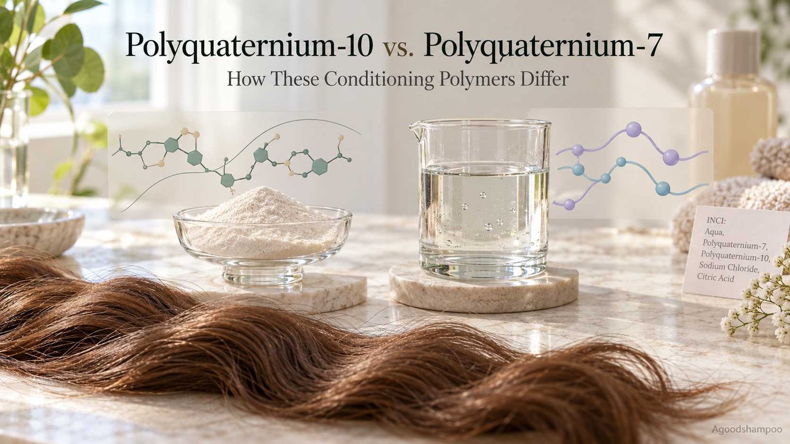 Two conditioning polymer preparations beside a natural hair swatch and shampoo bottle
