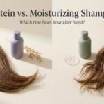 Two unbranded shampoos beside textured brown hair sections with different conditioning needs