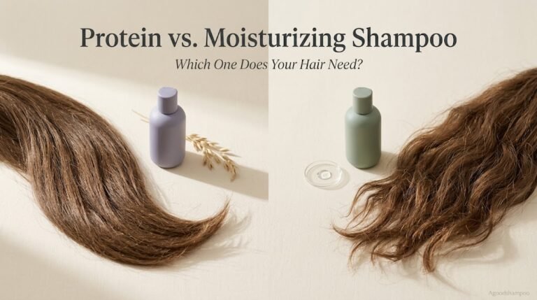 Two unbranded shampoos beside textured brown hair sections with different conditioning needs