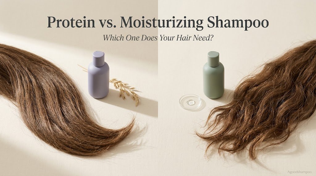 Two unbranded shampoos beside textured brown hair sections with different conditioning needs
