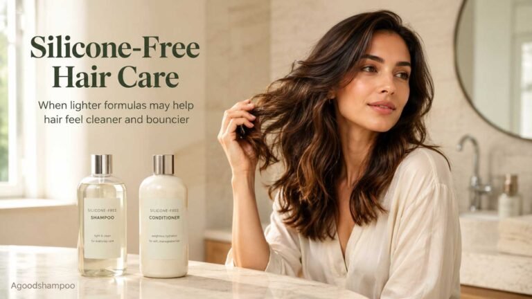 Healthy wavy hair beside silicone-free shampoo and conditioner bottles