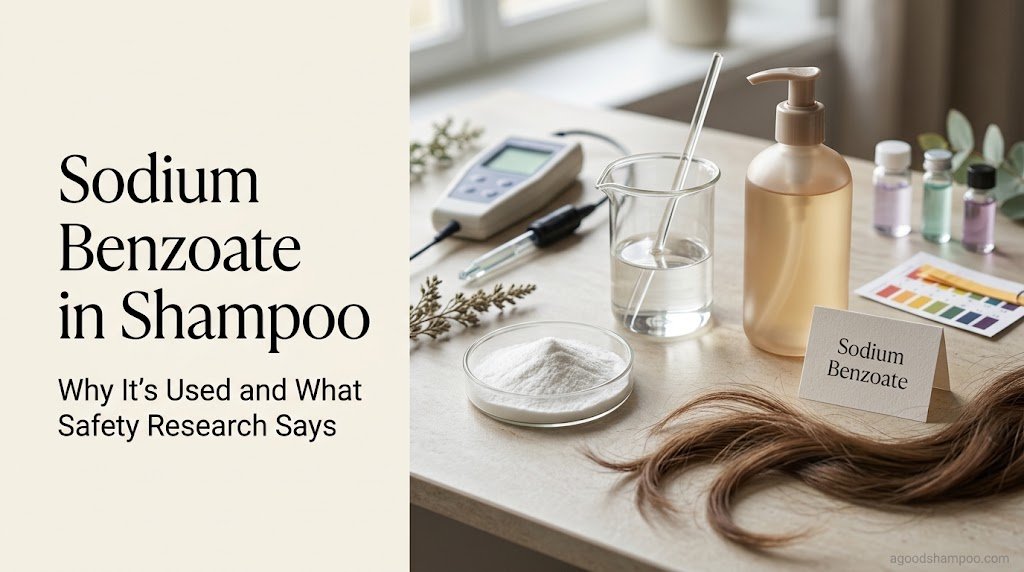 Sodium benzoate powder beside an unbranded shampoo bottle and laboratory glassware